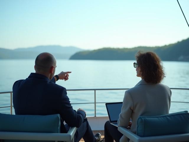 Forretningsfolk i møte på dekk med Oslofjorden som bakgrunn