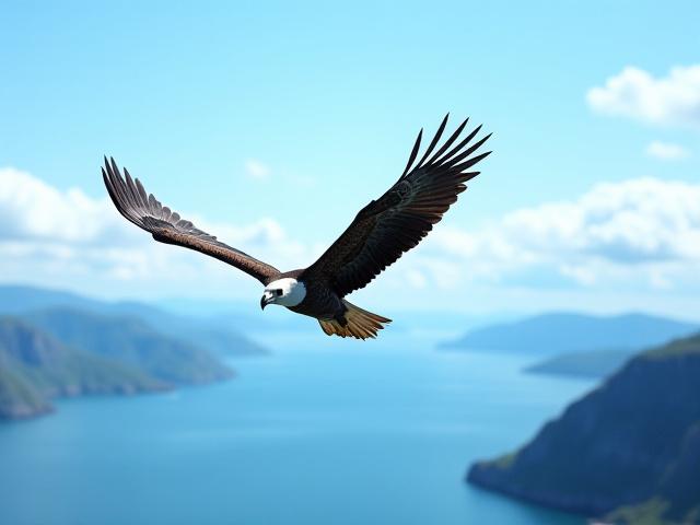 Majestetisk havørn svever over Oslofjorden mot en blå himmel