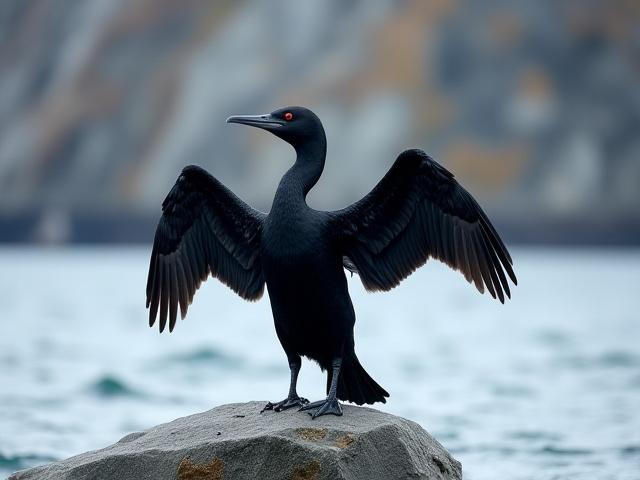 Skarv med utstrakte vinger tørker seg på et skjær