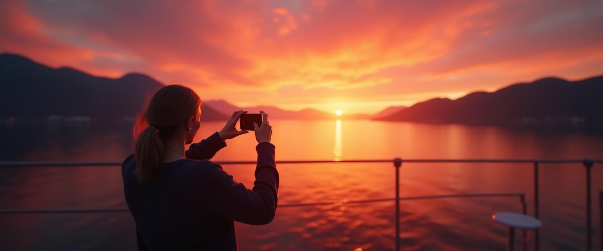 Gjest på FjordGlimt båt fotograferer en fantastisk solnedgang over Oslofjorden, reflektert i stille vann.