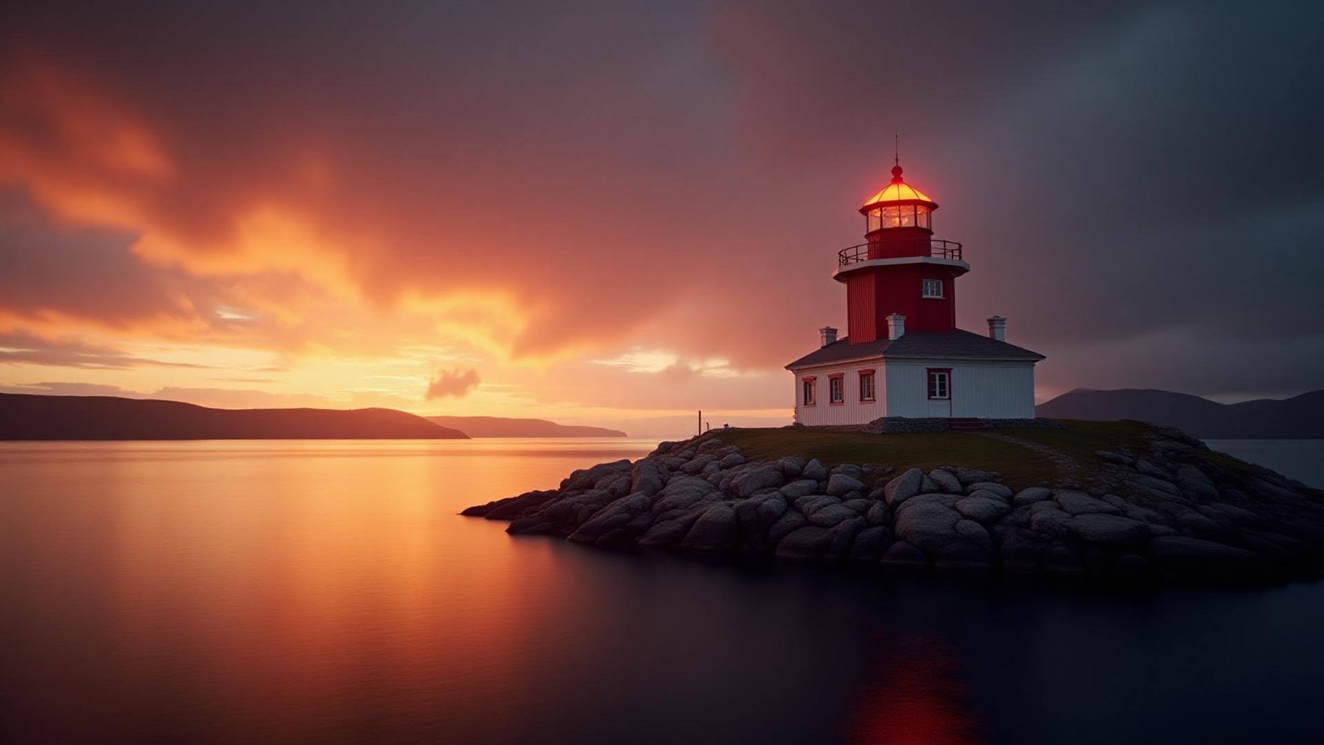 Gammel, rød fyrlykt i Oslofjorden badet i solnedgangslys