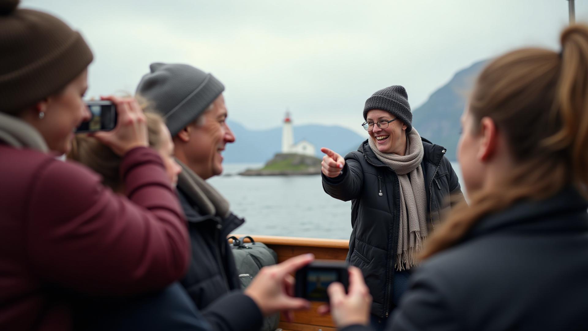 Gjester om bord på en båt som peker og fotograferer, med guiden som forklarer