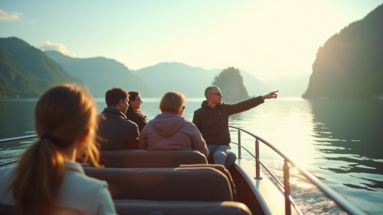 En liten gruppe gjester som lytter engasjert til en guide om bord, med en idyllisk øy i bakgrunnen i Oslofjorden