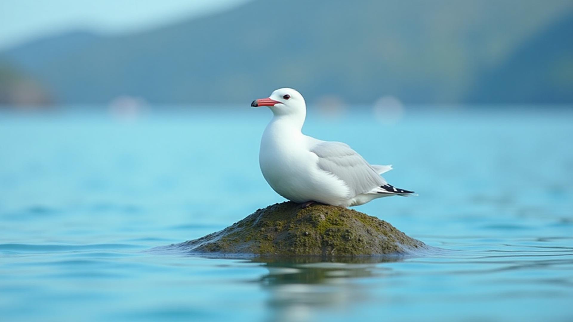 Nærbilde av en sjøfugl på et skjær med klart vann rundt