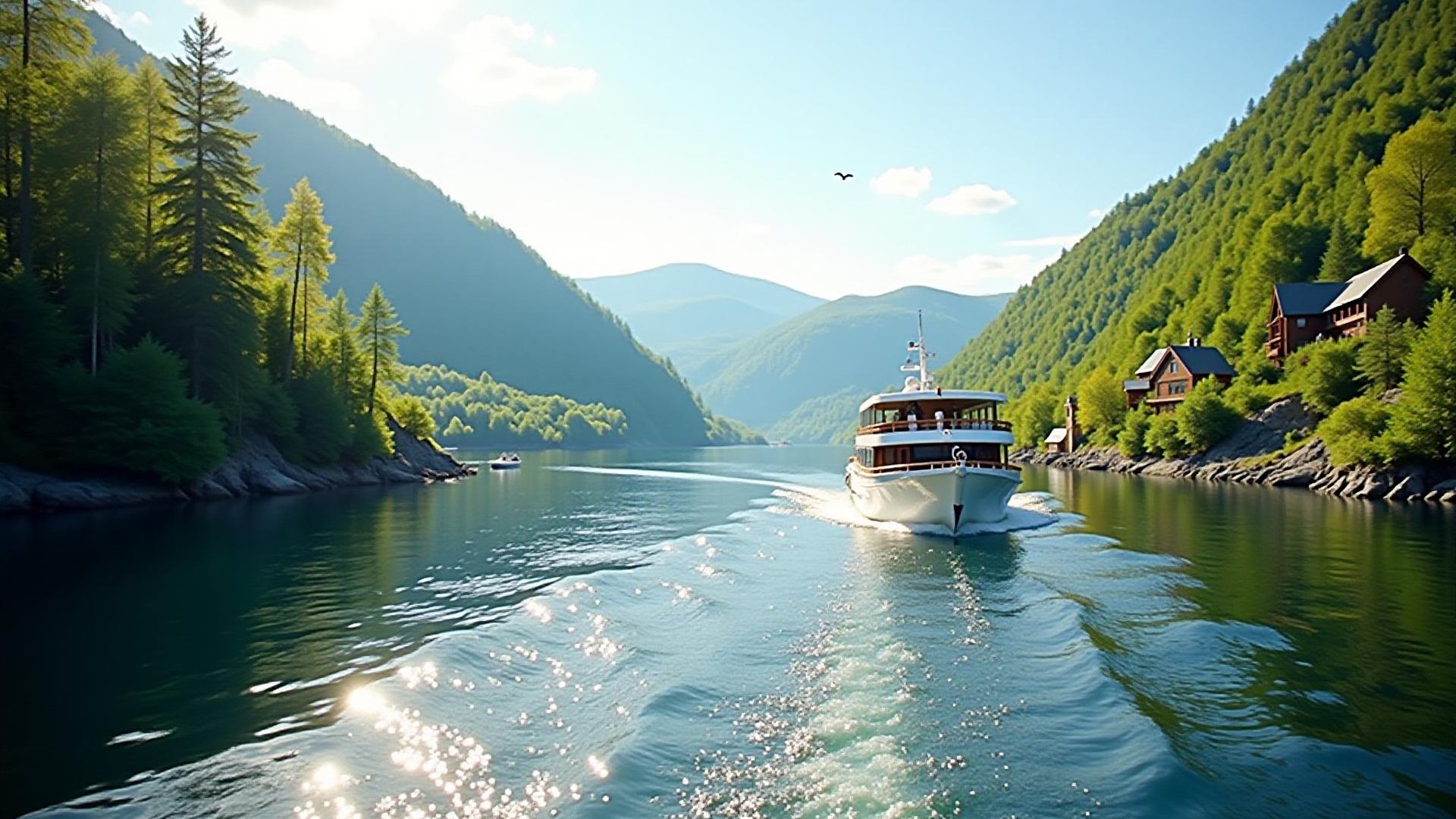 Båt som seiler gjennom et smalt, rolig sund mellom grønne øyer