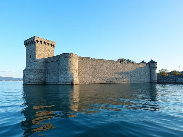 Akershus festning sett fra Oslofjorden, med sine robuste murer og tårn mot en solfylt himmel