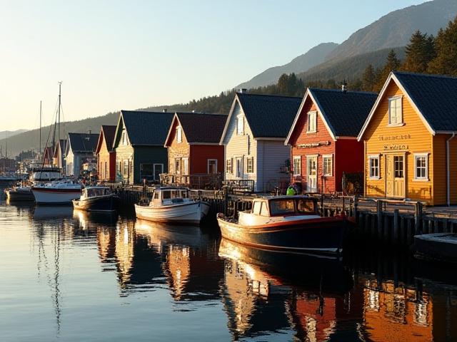 En pittoresk gammel fiskehavn i Oslofjorden, med fargerike båthus og små fiskebåter i rolig vann
