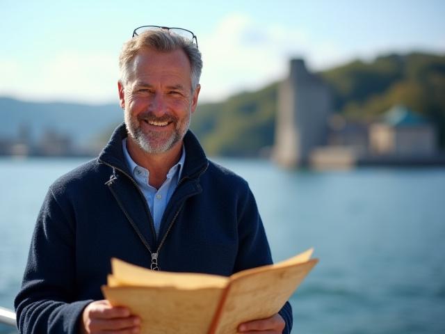 Portrett av FjordGlimt Voyages' historiske guide, en engasjert mann med et vennlig smil, i maritime klær med Oslofjorden i bakgrunnen