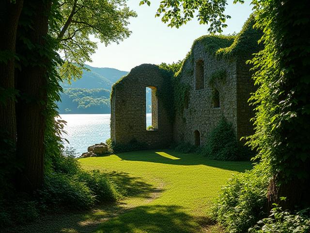 Ruinene av et middelalderkloster på Hovedøya, omkranset av frodig vegetasjon og med glitrende fjordvann i bakgrunnen