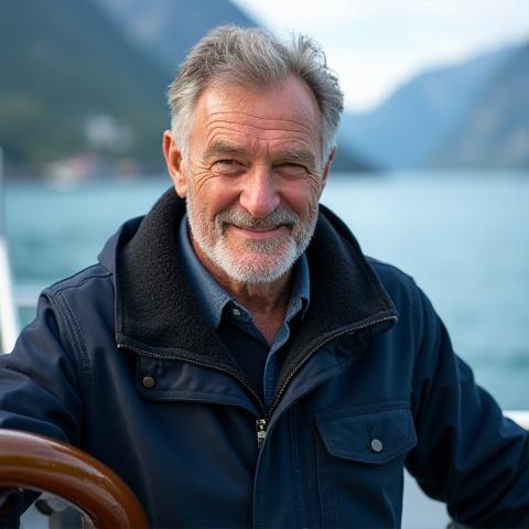 Et varmt portrett av FjordGlimt Voyages' grunnlegger eller en erfaren kaptein ved roret