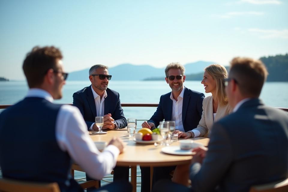 Profesjonelt kledde kolleger i avslappet samtale på dekk av en elegant båt i Oslofjorden