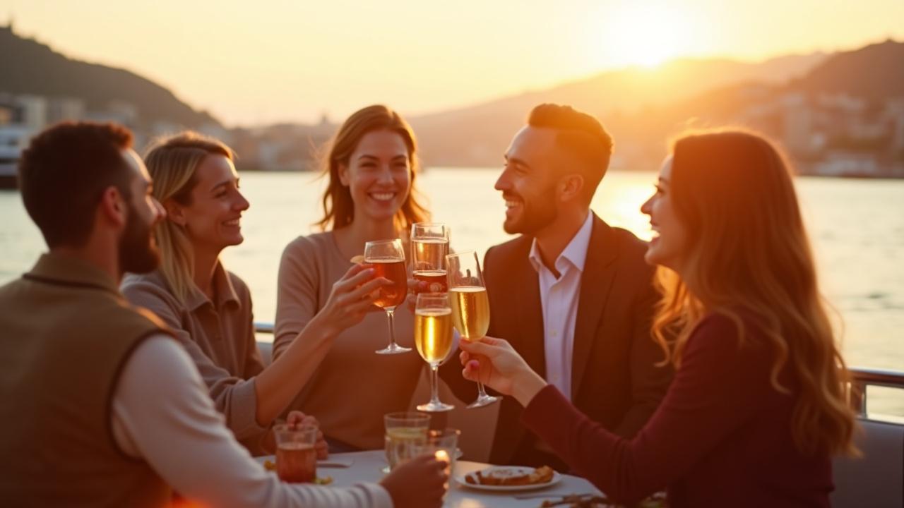 En glad gruppe venner skåler på dekk av en båt på Oslofjorden med byen i bakgrunnen