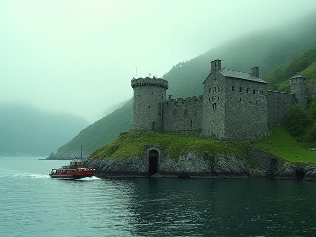 Gamle festningsverk langs Oslofjorden, sett fra en båt