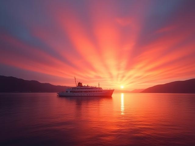 Båt på Oslofjorden i gyllen solnedgang med oransje himmel