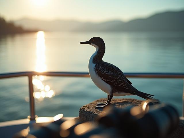 Sjøfugl på en klippe i Oslofjorden, med kikkert i forgrunnen
