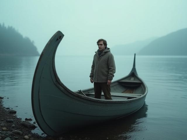 Unge Solberg ved Oslofjorden med en slitt seilbåt, tidlig morgen.