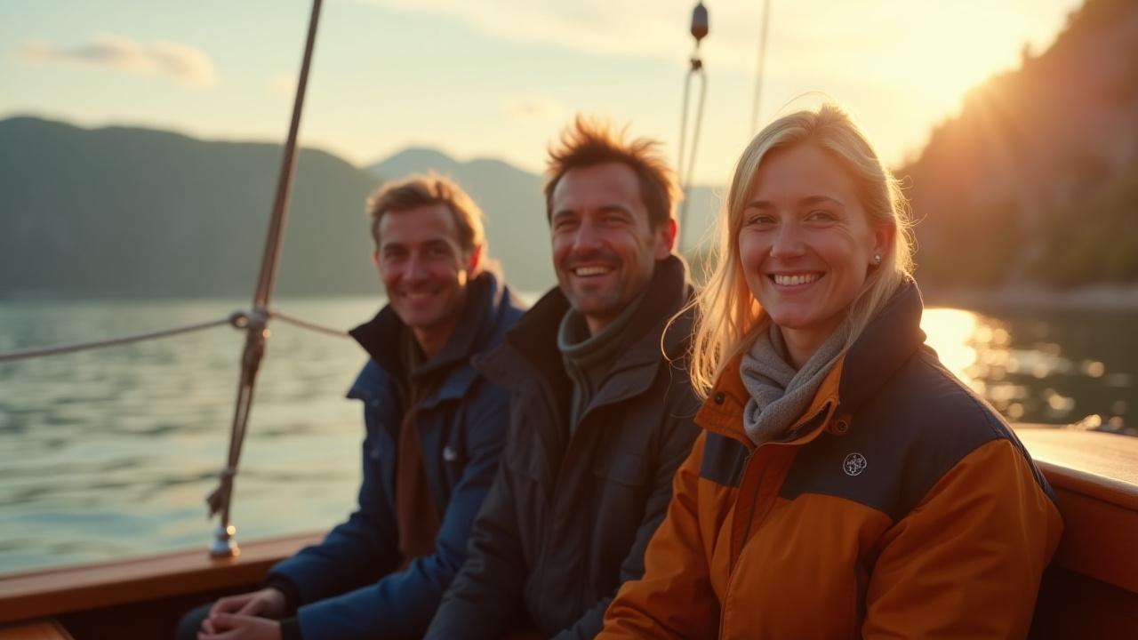 Team fra FjordGlimt Voyages smiler om bord, med Oslofjorden i bakgrunnen.