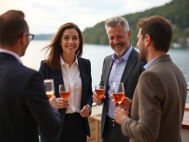 Team som mingler på dekk under et bedriftsarrangement
