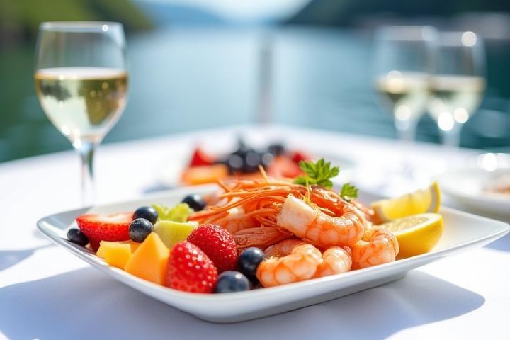 Delikate reker og fruktfat servert om bord på båten