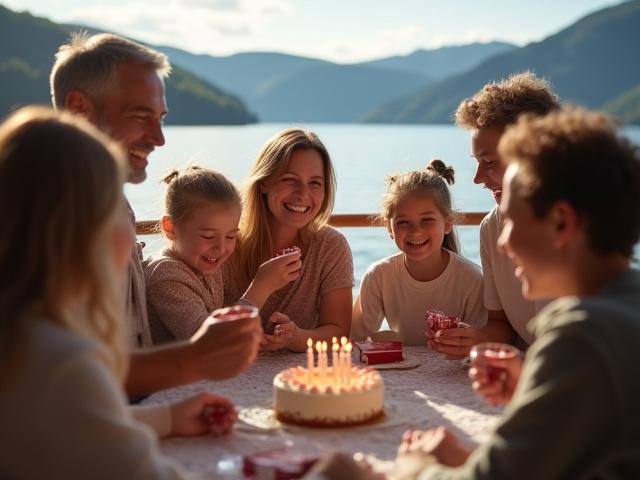 Familie feirer bursdag om bord på en båt på fjorden