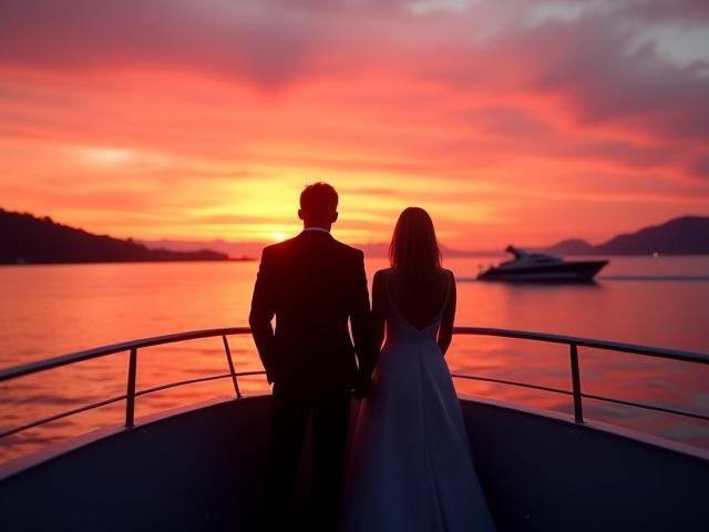 Par som nyter solnedgangen fra dekk på en båt