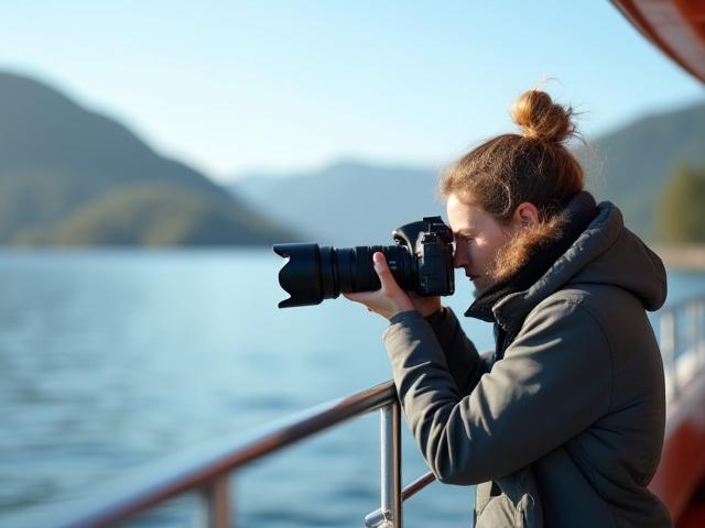 Person som fotograferer natur fra båtdekk