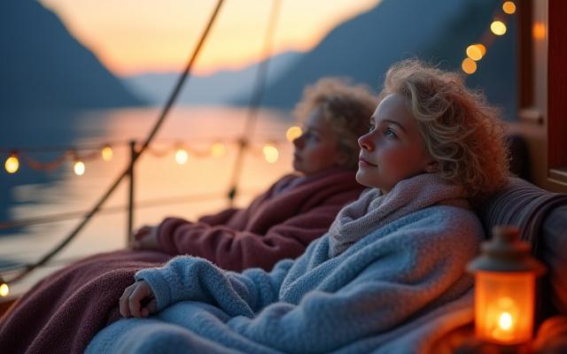 Passasjerer innpakket i varme pledd slapper av på dekk under gyllen solnedgang.