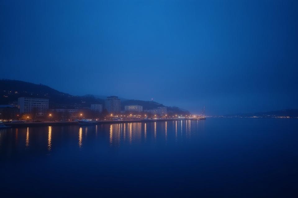 Oslo bys lys som tennes i skumringen, sett fra det rolige vannet.