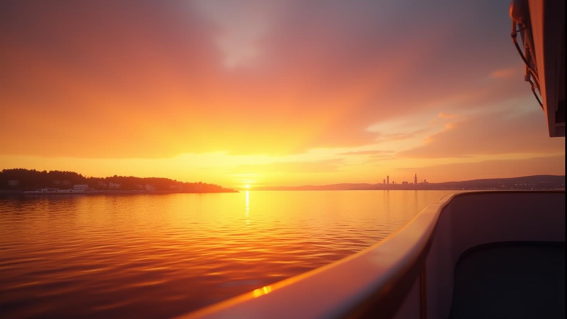 Gylden solnedgang over Oslofjorden sett fra båt, med byens silhuett i det fjerne.