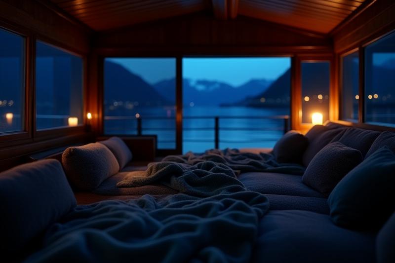 Koselig interiør på en båt med varme pledd, lanterner og utsikt til fjorden.