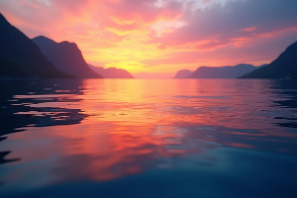 Levende refleksjoner av solnedgangens farger i det stille sjøvannet.