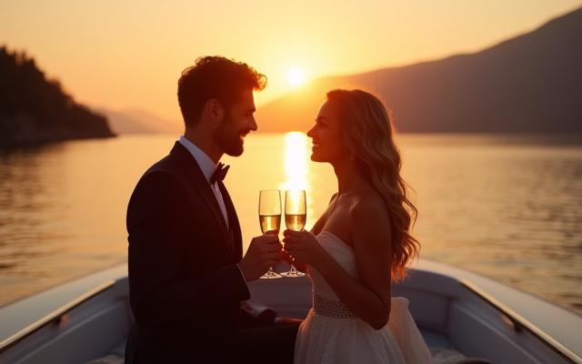 Et par skåler med champagne ombord under en vakker solnedgang.