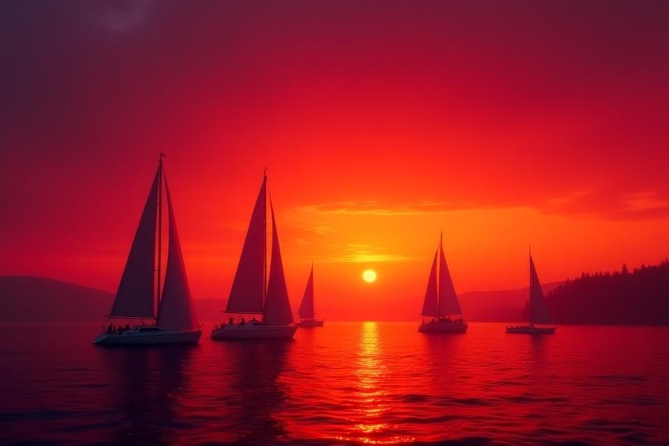 Silhuetten av seilbåter mot en dramatisk, fargerik solnedgang i Oslofjorden.